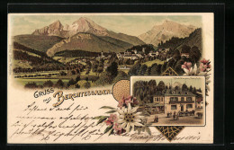 Lithographie Berchtesgaden, Hotel-Pension Bahnhof, Totalansicht Aus Der Ferne  - Berchtesgaden