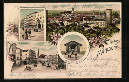 Lithographie Mühldorf A. Inn, Rathaus, Marktplatz, Maximilianbrücke, Totalansicht  - Mühldorf