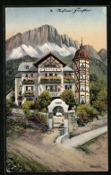 Lithographie Berchtesgaden, Hotel Pension Bavaria Aus Der Vogelschau, Mit Strasse Und Alpenkulisse  - Berchtesgaden