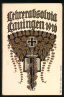 Künstler-AK Lauingen, Ehrenabsolvia 1916 - Blätterornamente, Buch, Schwert, Eisernes Kreuz  - Lauingen