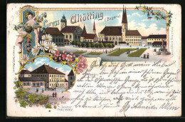Lithographie Altötting, Hotel Altöttinger Hof, Ortspartie Aus Der Vogelschau  - Hof