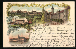 Lithographie Dillingen, Lyceum, Electrische Centrale, Ortsansicht  - Dillingen