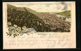 Vorläufer-Lithographie Heidelberg, 1895, Gesamtansicht Mit Schloss Und Neckar  - Heidelberg