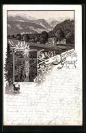 Vorläufer-Lithographie Graseck, 1895, Forsthaus Graseck, Partnachklamm  - Jagd