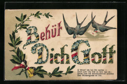 Präge-AK Behüt Dich Gott Mit Blumen Und Schwalben Mit Brief  - War 1914-18