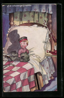 AK Kleiner Junge Näht Seine Uniform Im Bett, Kinder Kriegspropaganda  - War 1914-18