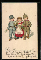 AK Drei Kinder, Zwei In Uniform Als Soldat, Kinder Kriegspropaganda  - Guerre 1914-18