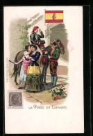 Lithographie La Poste En Espagne, Postbote Zu Pferd, Spanische Flagge  - Correos & Carteros