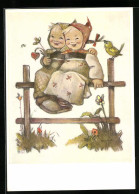 Künstler-AK Hummel: Zwei Kinder Sitzen Auf Dem Zaun  - Hummel