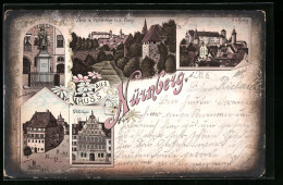 Lithographie Nürnberg, Partie V. Spittlerthor N. D. Burg, Dürerdenkmal  - Nuernberg