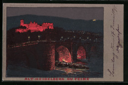 Lithographie Heidelberg, Beleuchtetes Schloss Und Ausflugsdampfer  - Heidelberg