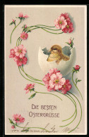 AK Osterküken Schlüpft Aus Dem Ei, Blüten-Motiv  - Pâques