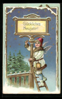 AK Neujahrsengel Steht Auf Der Leiter Am Schild  - Angels