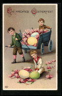 AK Ein Frohes Osterfest, Kinder Im Wagen Mit Blumen Und Ostereiern  - Easter