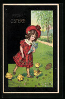 AK Mädchen Füttert Die Osterküken Zum Feste  - Easter