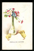 AK Osterküken Mit Blumen-Vase  - Pâques