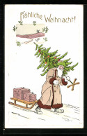 AK Weihnachtsmann Mit Tannenbaum Und Geschenken Im Schnee  - Santa Claus