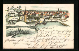 Lithographie Lindau I. B., Teilansicht Und Gesamtansicht Um 1600  - Lindau A. Bodensee