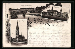 Lithographie Hannover, Schloss-Herrenhausen, Polytechnikum, Marien-Kirche  - Hannover
