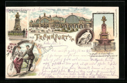 Lithographie Frankfurt A. M., Haupt-Bahnhof, Stoltze-Denkmal, Kaiser Wilhelm Denkmal  - Frankfurt A. Main