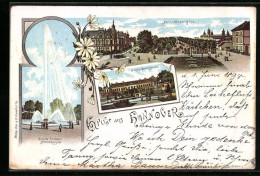Lithographie Hannover, Herrnhäuser Allee, Grosse Fontaine Herrenhausen, Schloss  - Hannover
