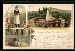 Lithographie Bad Nauheim, Sprudel, Kurbrunnen, Kellnerin  - Bad Nauheim