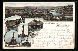 Lithographie Würzburg, Luitpoldbrunnen, Frankenwarte, Festung, Käpple, Ortsansicht  - Würzburg