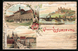 Lithographie Würzburg, Alte Brücke, Julius Spital, Festung Mit Alter Brücke  - Würzburg