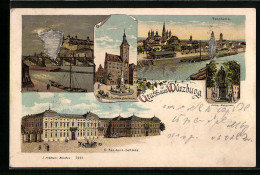 Lithographie Würzburg, K. Residenz-Schloss, Julius-Monument, Rathaus Eckardsthurm  - Würzburg