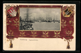 Passepartout-Lithographie Hamburg, Blick In Den Segelschiffhafen, Wappen  - Autres & Non Classés