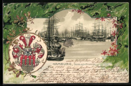 Passepartout-Lithographie Hamburg, Segelschiffhafen, Wappen  - Sonstige & Ohne Zuordnung
