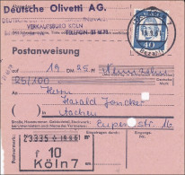 Postanweisung Olivetti AG Köln Nach Aachen - Einzelfrankatur 1961 - Brieven En Documenten