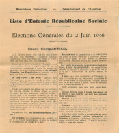 Elections Générales 2 Juin 1946  Ardèche . Entente Républicaine Sociale - Zonder Classificatie