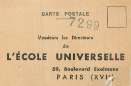 ECOLE UNIVERSELLE PARIS . Carte Postale-réponse - Educazione, Scuole E Università