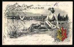 Lithographie Geneve, Concours Musical 1902, Panorama, Wappen Und Dame Mit Laute  - Autres & Non Classés