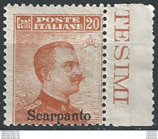 1917 Egeo Scarpanto 20c. Arancio Mc MNH Sassone N. 9 - Sonstige & Ohne Zuordnung