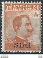 1921-22 Egeo Simi 20c. Arancio MNH Sassone N. 11 - Andere & Zonder Classificatie