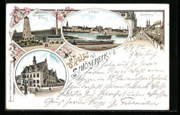 Lithographie Schönebeck A. E., Elbthor, Breiteweg, Soolbad Elmen  - Schoenebeck (Elbe)