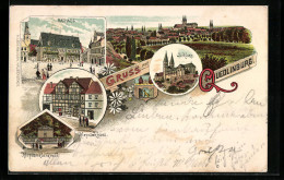 Lithographie Quedlinburg, Panorama, Rathaus, Klopstockhaus  - Quedlinburg
