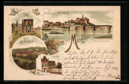 Lithographie Meissen, Panorama Mit Albrechtsburg, Dom, Kgl. Porzellanfabrik  - Meissen