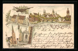 Lithographie Merseburg, Panorama, Rathaus, Stadtkirche  - Merseburg