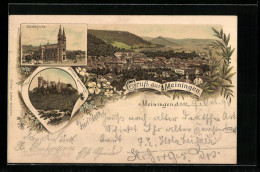 Lithographie Meiningen, Ortsansicht Aus Der Vogelschau, Stadtkirche, Schloss Landsberg  - Meiningen