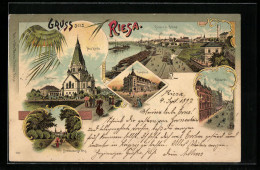 Lithographie Riesa, Ortsansicht Von Der Brücke, Ortspartie Mit Neuer Kirche Und Pfarrhaus  - Riesa