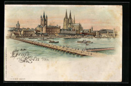 Lithographie Köln, Stadtpanorama Mit Rheinbrücke, Dom Und Bahnhof, Halt Gegen Das Licht  - Koeln