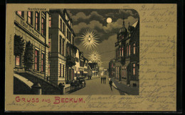 Mondschein-Lithographie Beckum, Nordstrasse Mit Elektrischer Beleuchtung Und Hotel Samson  - Beckum