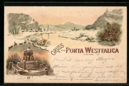 Winter-Lithographie Porta Westfalica B. Minden, Uferpartie, Denkmal  - Altri & Non Classificati