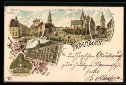 Lithographie Paderborn, Kaiserliches Postamt, Gymnasium Und Jesuitenkirche, Paderquelle  - Paderborn