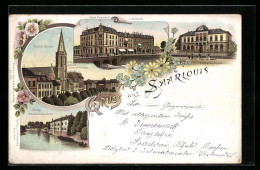 Lithographie Saarlouis, Garnisonlazarett, Kreisständehaus, Hotel Kaiserhof Und Neustadt  - Kreis Saarlouis