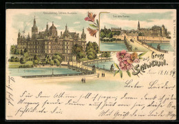 Lithographie Schwerin, Der Alte Garten, Schloss Mit Brücke  - Schwerin