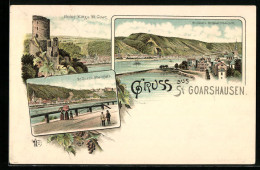 Lithographie St. Goarshausen, Teilansicht Mit St. Goar, Ruine Katz  - St. Goar